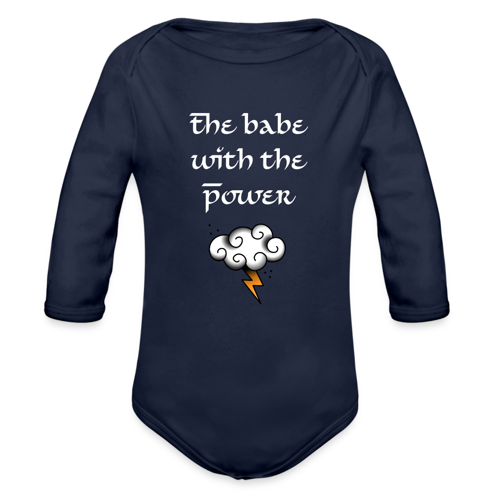 The Babe with the Power: Organic Longsleeve Baby Bodysuit - dark navy